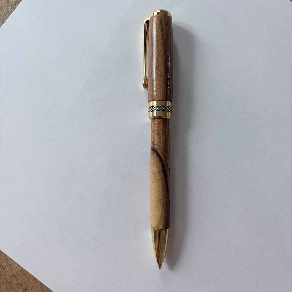 Handmade Wood Ballpoint Pen Gold Tone Hardware Geometric Band Office Accessory